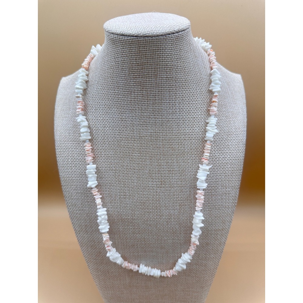 White Pink Shell Chip Necklace 24in Boho Beach Coastal Statement Vintage Gift